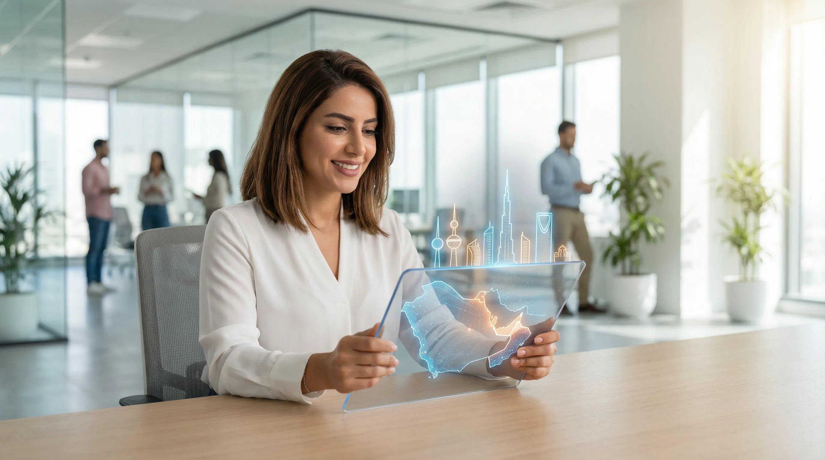 Marketing professional exploring brand expansion across MENA markets on a holographic map